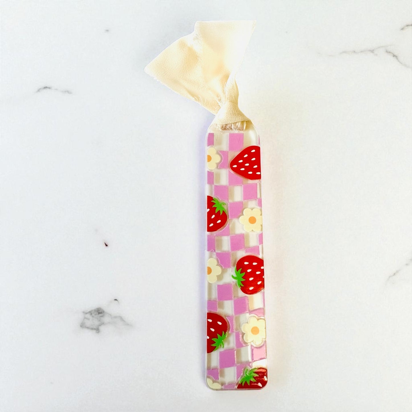 Checkered strawberry acrylic bookmark