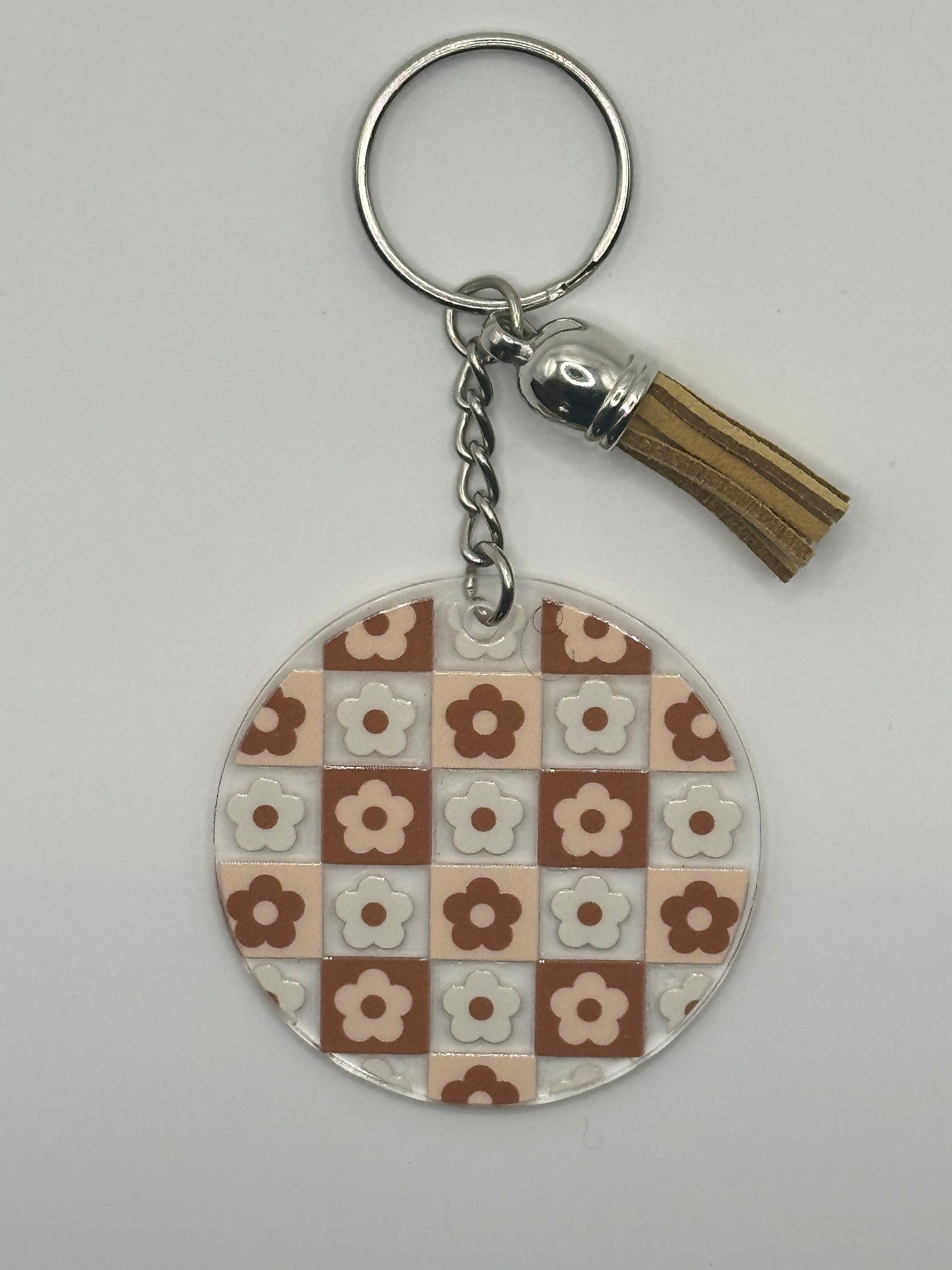 Coffee brown checkered flower keychain