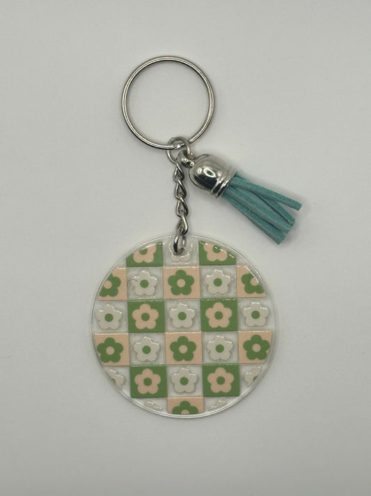 Matcha checkered flower keychain